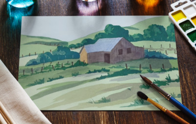 THE BARN ORIGINAL HAND PAINTED 11x7'' LANDSCAPE WATERCOLOR PAINTING ON PAPER