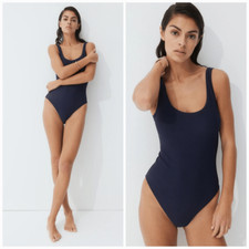 H M Navy Blue Textured Low Back High Cut Padded Cup One Piece Swimsuit M