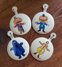 4 X McDonalds Mayor McHeese Hamburglar Grimace Tin Litho Tab Button Circa 1970's