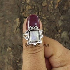 Rainbow Moonstone Ring 925 Sterling Silver Boho Statement Handmade Silver Gift