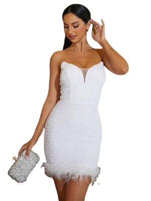 Tube Top Feather Slit Mid-length Polyester Evening Dress | eBay