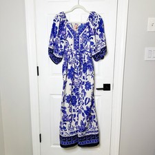 Truly 4 You Maxi Dress Womens Small Blue Floral Puff Sleeve Boho Excellent