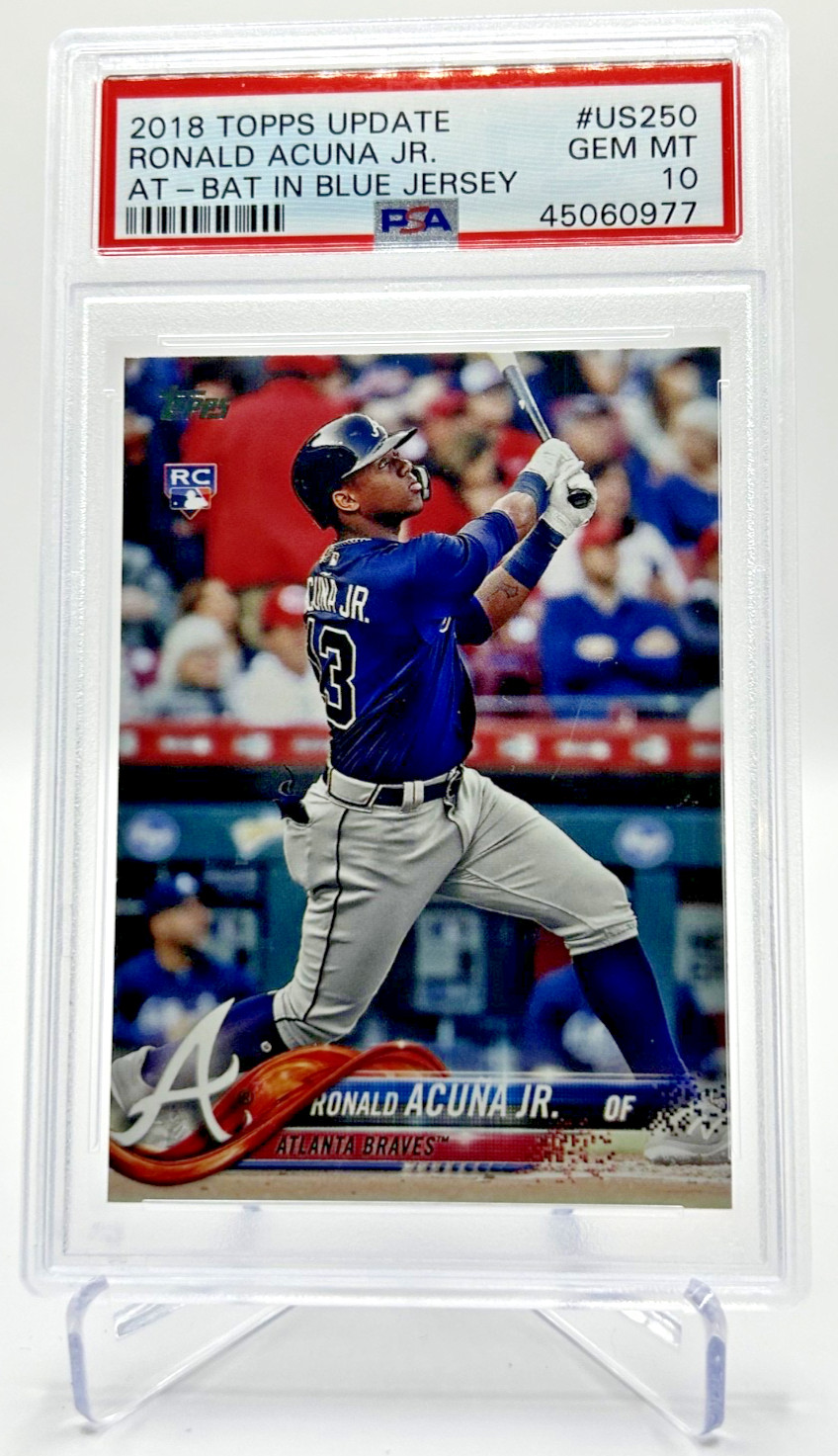 2018 Topps Update Ronald Acuna Jr. #US250 At-Bat In Blue Jersey PSA 10 view 3