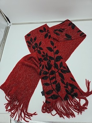 Cejon Scarf, Red W/ Black Leaves, Silver Thread, 40'' x 8'', USED