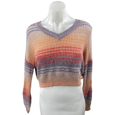MM by My Michell Multicolor Striped Long Sleeve V Neck Cropped Sweater Top Sz M