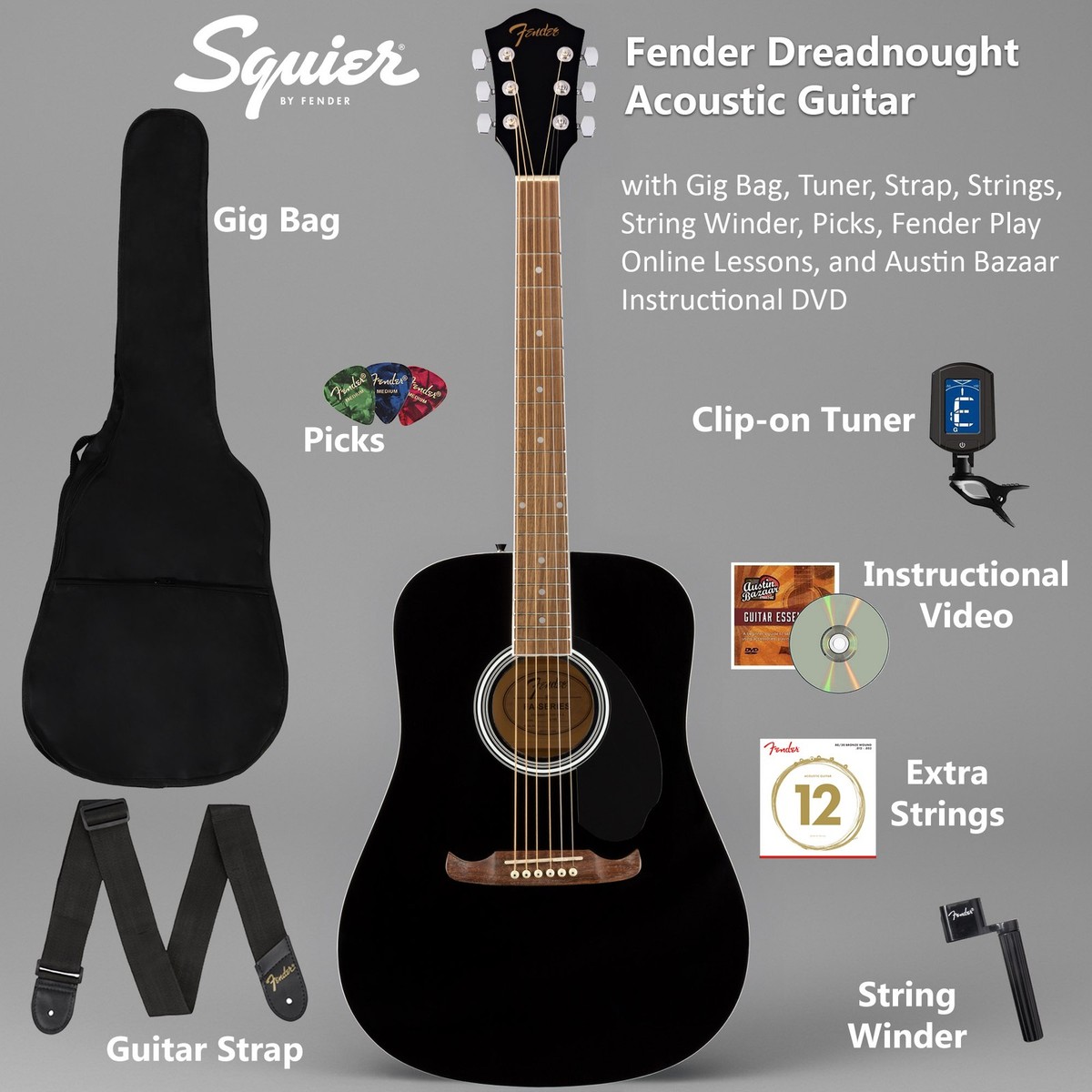 Fender FA-125 Dreadnought Acoustic Guitar - Black w/ Gig Bag | eBay