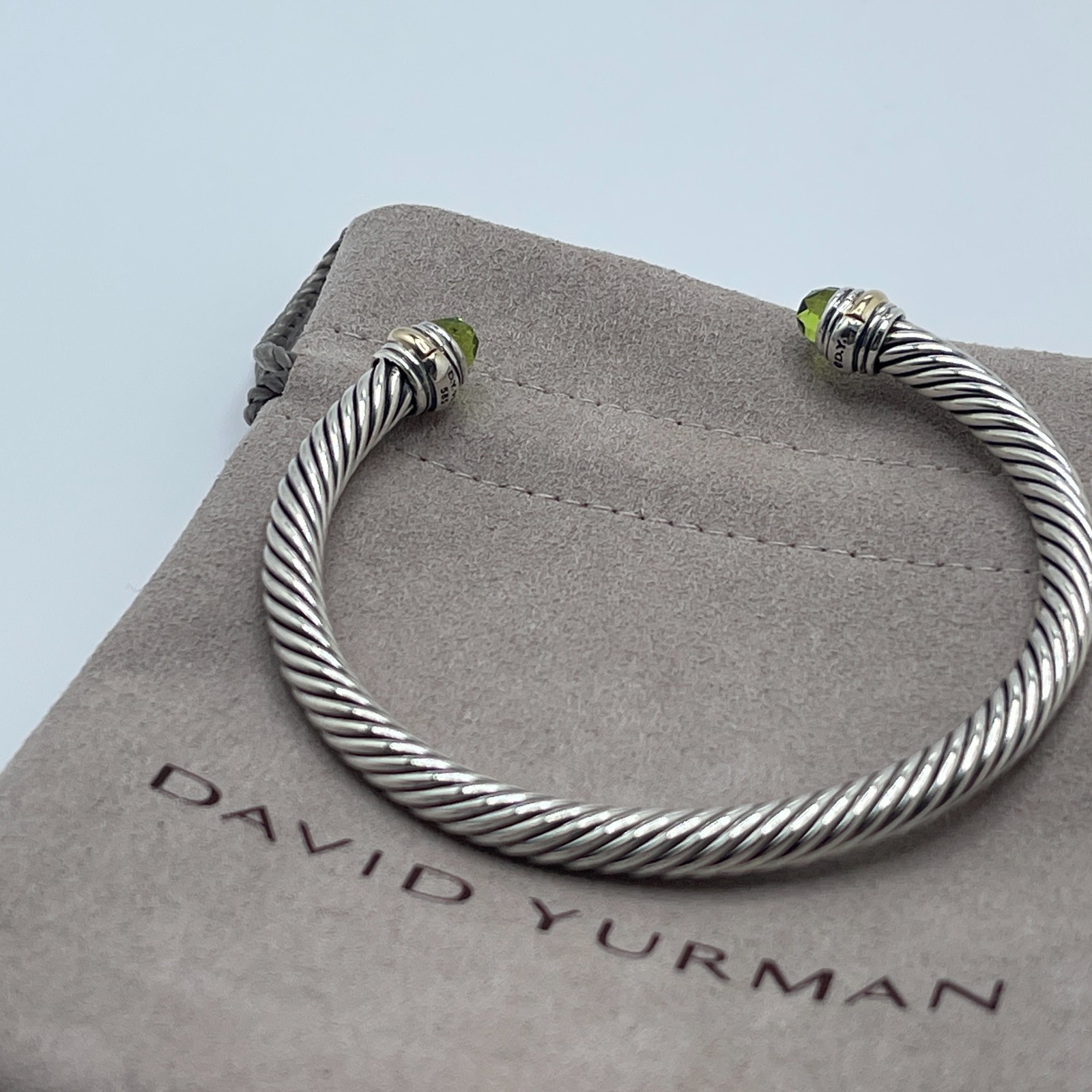 David Yurman 5mm Cable Sterling Silver Peridot and 14K Yellow Gold Bracelet