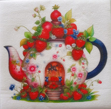 2 individual Paper Decoupage BEVERAGE NAPKINS - FAIRY HOUSE TEAPOT, 1 MOTIF