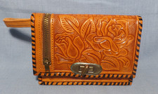 VTG Hand Tooled Leather Wristlet Wallet Two-Toned Brown Rose Pattern Mexico