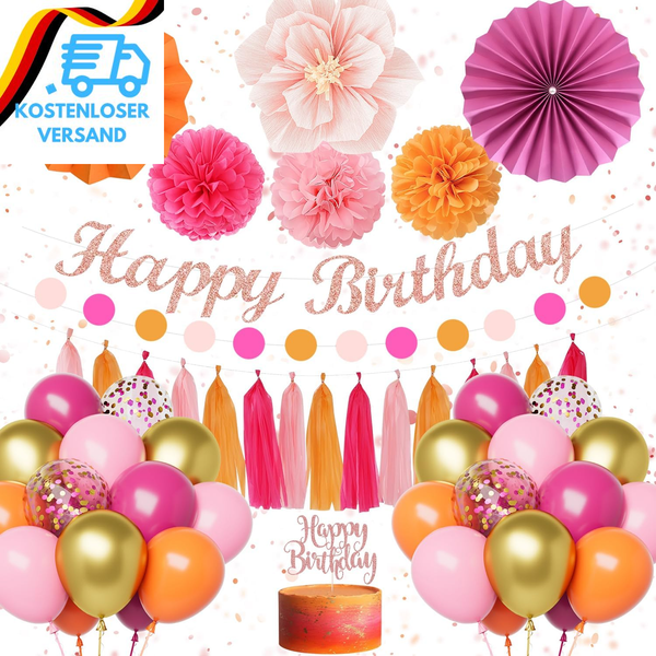Geburtstagsdeko Frauen, Deko Geburtstag Rosa Orange Party Deko Mit Happy Birthda-image