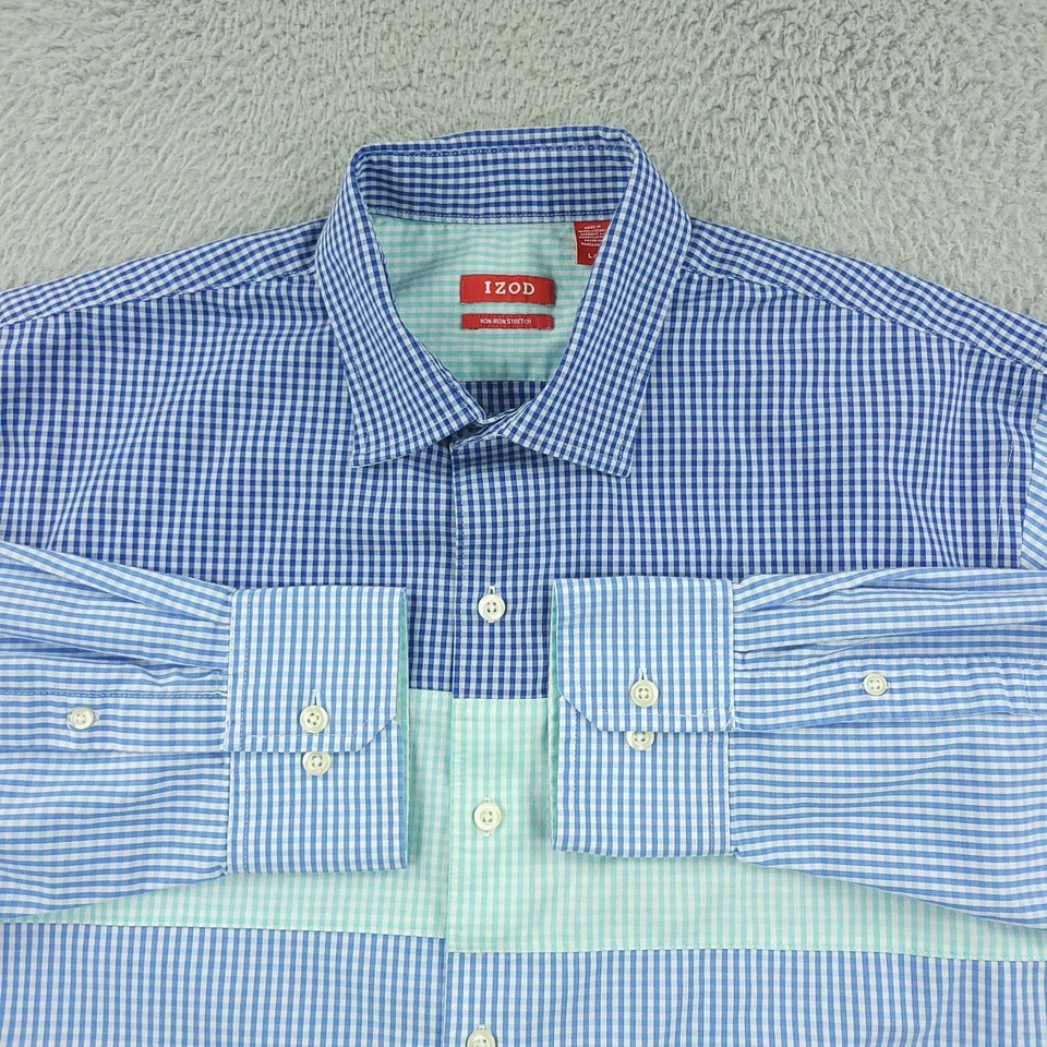 Izod Shirt Mens Large Blue Green Gingham Non Iron Stretch Long Sleeve Button - Image 2 of 4