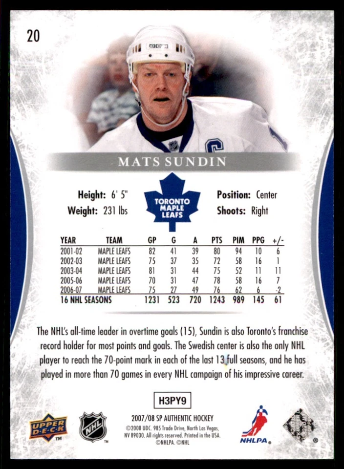 2007-08 SP Authentic Mats Sundin Vancouver Canucks #20 - Image 2 of 2