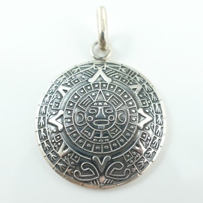 Sterling Silber .925 Azteken Maya Kalender Sonne Stein Anhänger