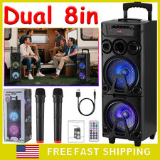 Dual 8" Wooden Bluetooth Party Speaker w/ 2 Wireless Mics LED Lights USB/SD/AUX