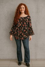 CHAPS By Ralph Lauren Womens SemiSheer Y2KTiered Bell Sleeve Boho Blk Floral 2XL