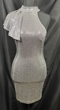 Windsor Sequin NYE New Years Metallic Silver Mini Dress 2 Cape Sleeve Y2K Club