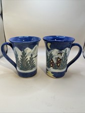 SHARD POTTERY 2 Mugs WINTER NIGHT Hand Painted Cabin Pines Snow Stars Lake Moon