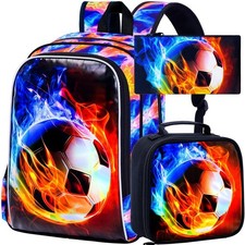 KLFVB 3PCS Kids Backpack, 17" Boys Football Bookbag and Lunch Box, Water Resi...