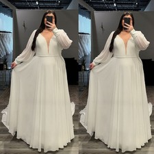 Plus Size Chiffon Wedding Dresses Long Sleeves V Neck Simple Bridal Gowns Train