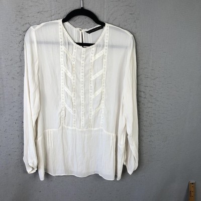 Zara Basic Blouse Womens XL White Sheer Long Sleeve Lace Trim Boho Peasant Top