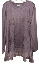 LOGO Lounge Dk Plum Embroidered Ruffled Edges Tunic Sz XL