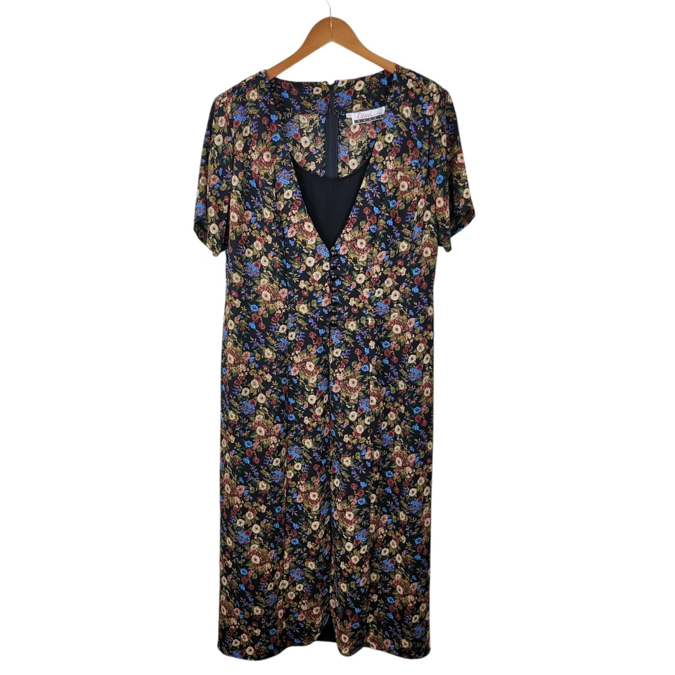 Vintage Floral Dress Plus size 18 18W 2X Alt Rose Romantic Tie Back Black Pink - Image 2 of 4