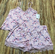Jessica Simpson Pajama Set Pink Floral 2 Piece Cami Top  Shorts Lace Hem Medium