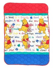 Vtg Winnie the Pooh Piglet Crib Comforter Blanket Quilt Blue Words Red Calliope