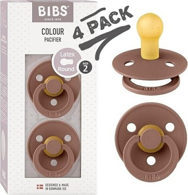 4 pack Bibs Pacifiers Color Collection Brown Latex round nipple size 2 -Shlf