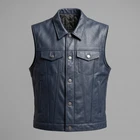 Men's Genuine Leather Vest Blue Motorcycle Biker Style Jacket Sleeveless Coat