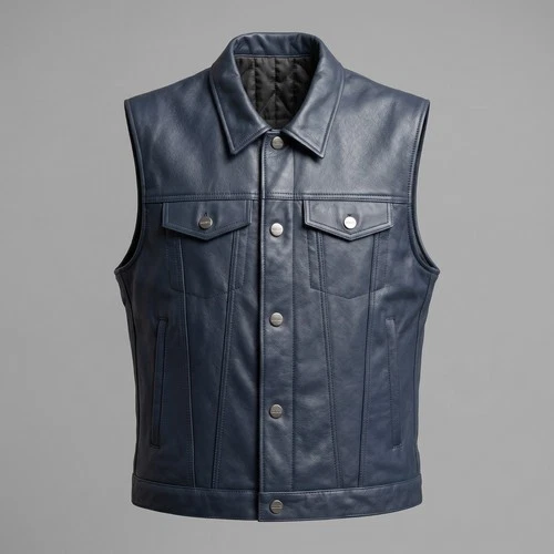 Men's Genuine Leather Vest Blue Motorcycle Biker Style Jacket Sleeveless Coat