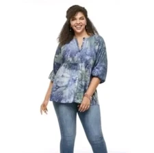CAbi Woodstock Blue Green Tie Dye Oversized Peasant Button Down Blouse Size XXS