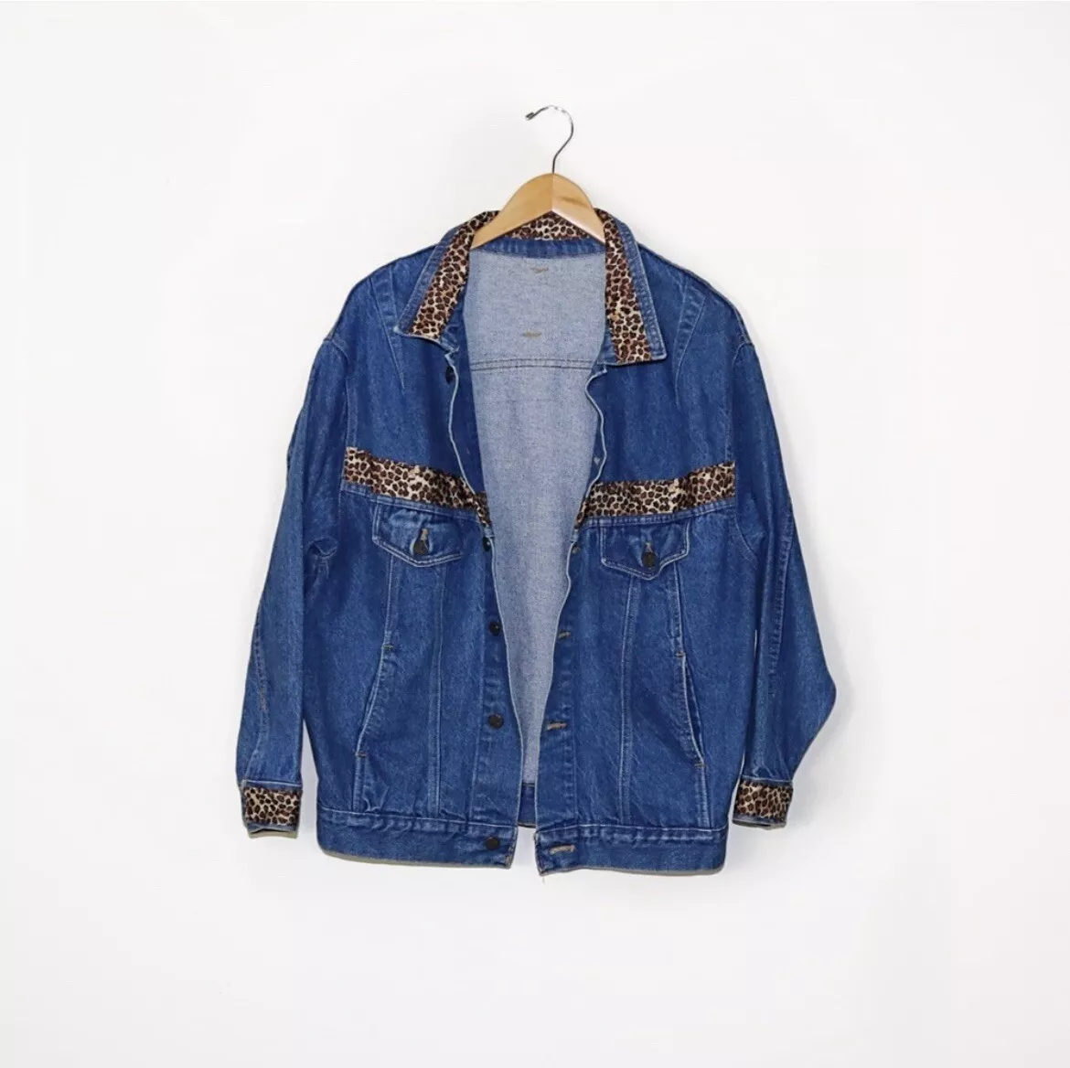 Vintage Handmade Oversized Leopard Cheetah Print Collared Denim