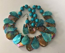 2 Way Handmade Handcrafted Sea Shells Jasper Wooden Beads Necklace Earring Set