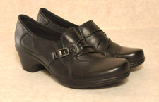Earth Origins Black Leather Clog Heeled Loafer Roxanne Womens 8M SlipOn Casual