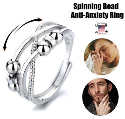 Anti Anxiety Ring 925 Sterling Silver w/ Beads Women Men Spinner Fidget Rings US