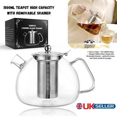 LIBWYS Heat Resistant Glass Teapot Infuser Strainer Coffee Tea Leaf Borosilicate 1500ml