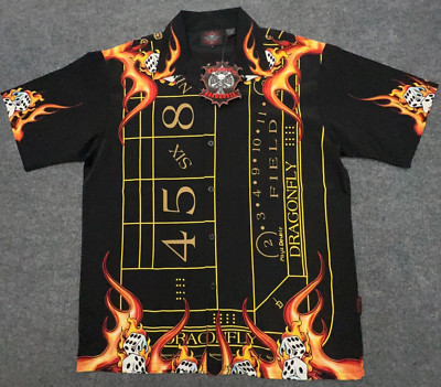 NWT DRAGONFLY Roadhouse Gambling Shirt L Flaming Dice Craps Shoot S/S Vintage