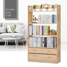 34"Bedroom [BOOKCASE+DUAL DRAWER] Wooden 6-Layer Open Shelving Book Storage Rack
