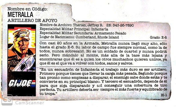 G.I.JOE ARCHIVO, FICHA METRALLA, HASBRO, AÑOS 80
