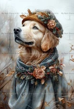 GOLDEN RETRIEVER ART PRINT, Autumn Dog Animal Poster Puppy Fantasy Home Decor