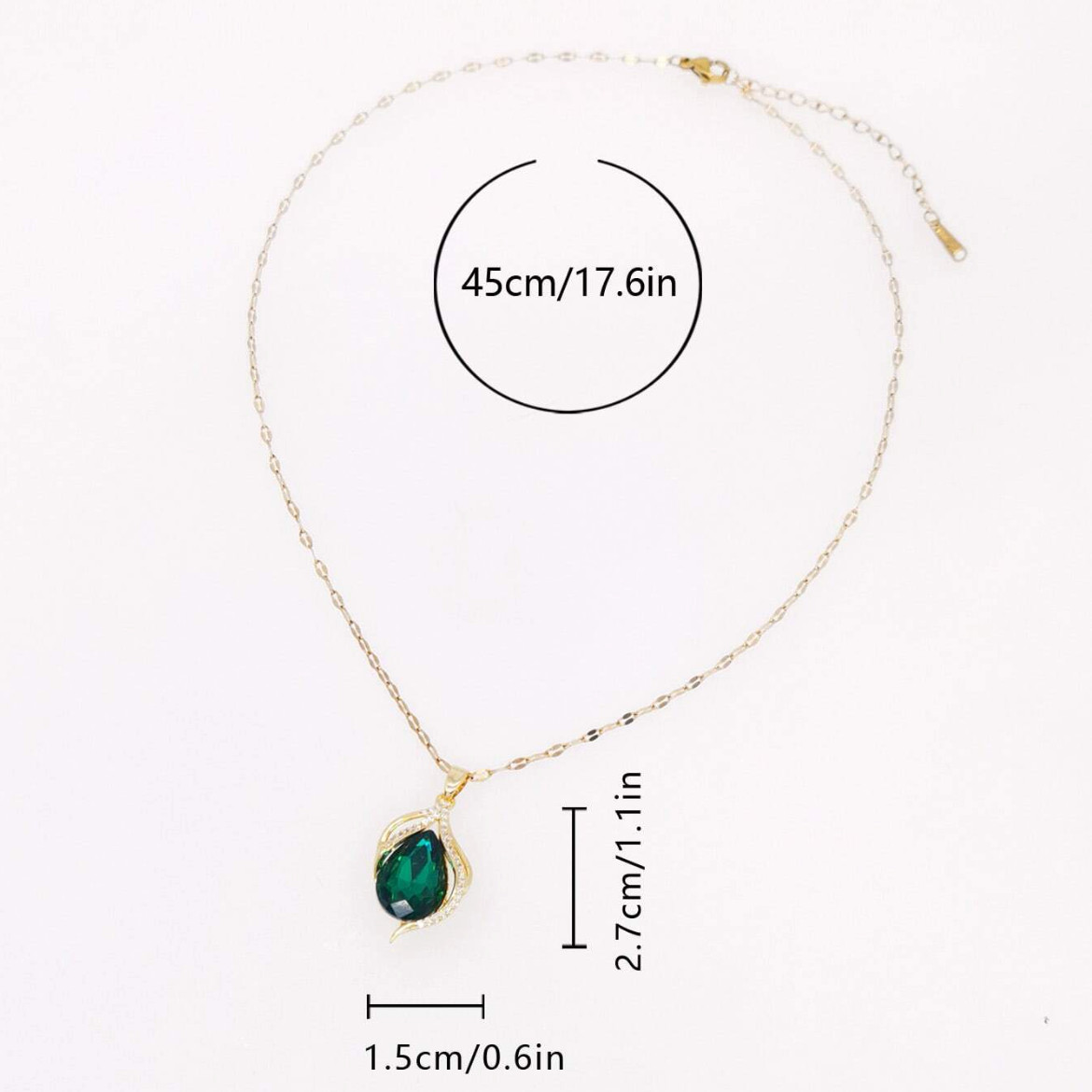 Womens Necklace Green Drop Pendant 18K Gold Plated Stainless Steel Chain Jewelry