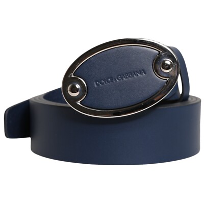 DOLCE & GABBANA Belt Blue Leather Classic Metal Logo Buckle 110cm