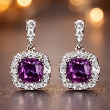 Sterling Silver Amethyst Halo Dangle Earrings Cushion Butterfly Closure Purple