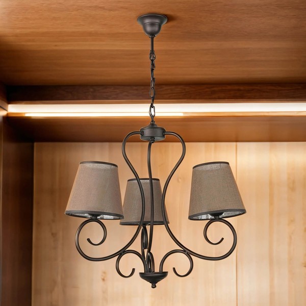 Kronleuchter Mit Schirm Braun 3-Armig Ø47Cm Landhaus Stil E27 Pendelleuchte-image