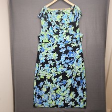 Ralph Lauren Dress Women 22W Blue Floral Sleeveless Rouched Sheath Stretch Lined