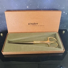 VTG Gingher Decorative Engraved Sewing Scissors Gold Tone Original Box Germany 