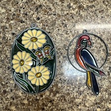2 Vintage STAINED GLASS Leaded SUN CATCHER BIRD Flowers Lot MCM