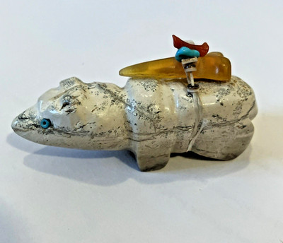 Navajo Carved Stone Bear Fetish with Medicine Bundle 