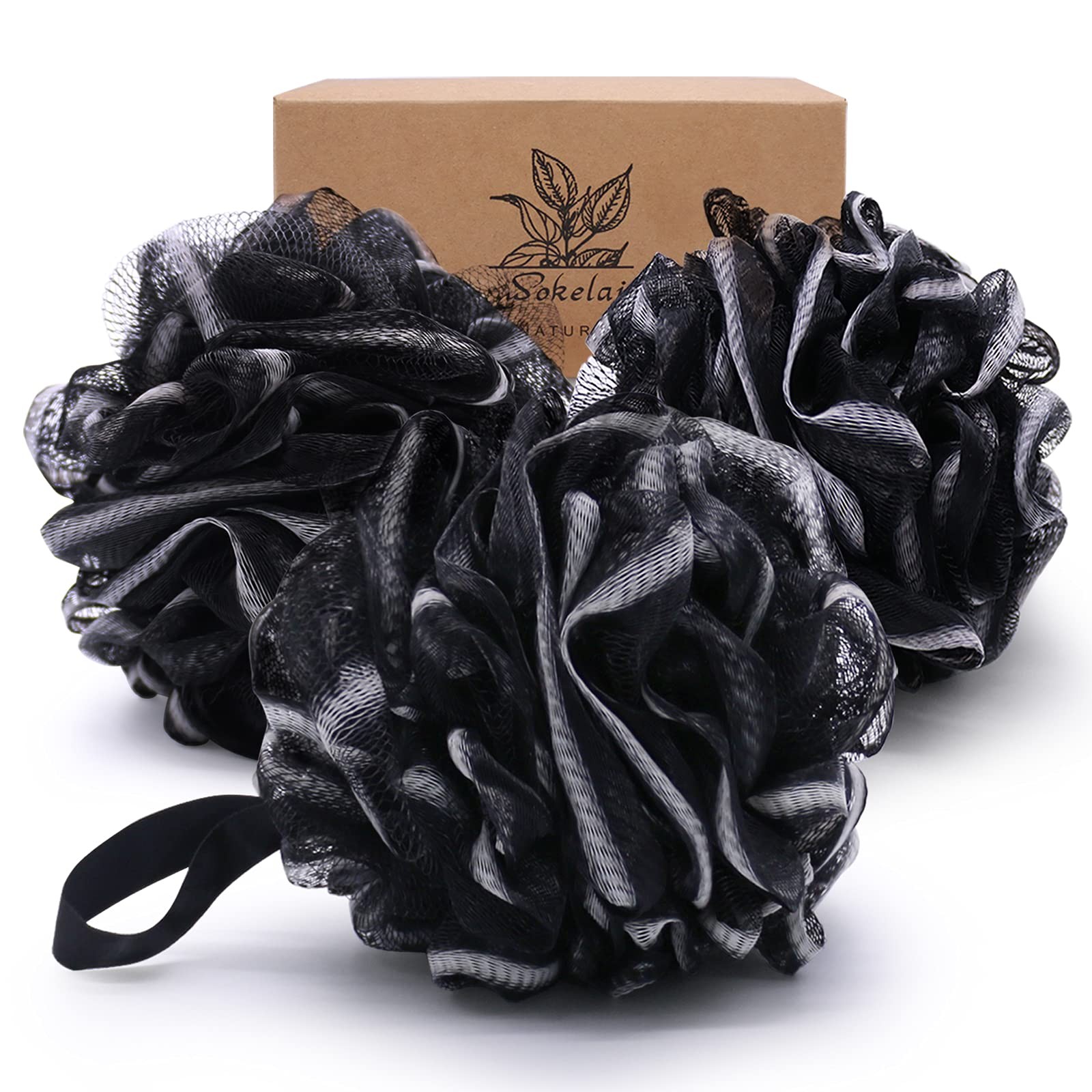 Mesh Pouf Bath Sponge Large 75g XL， Shower Body 3 count (Pack of 1), Black